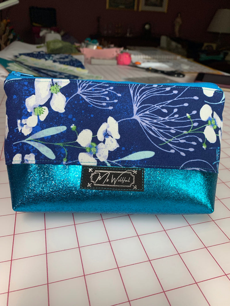 Teal Glitter and Navy Zipper Pouch